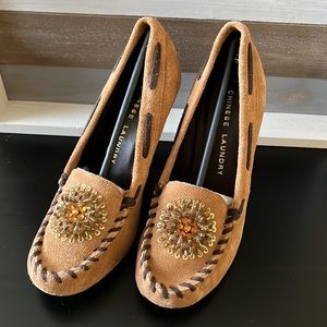 Chinese Laundry Cammie Suede Embellished Moccasin Toe Stiletto Heel Pumps